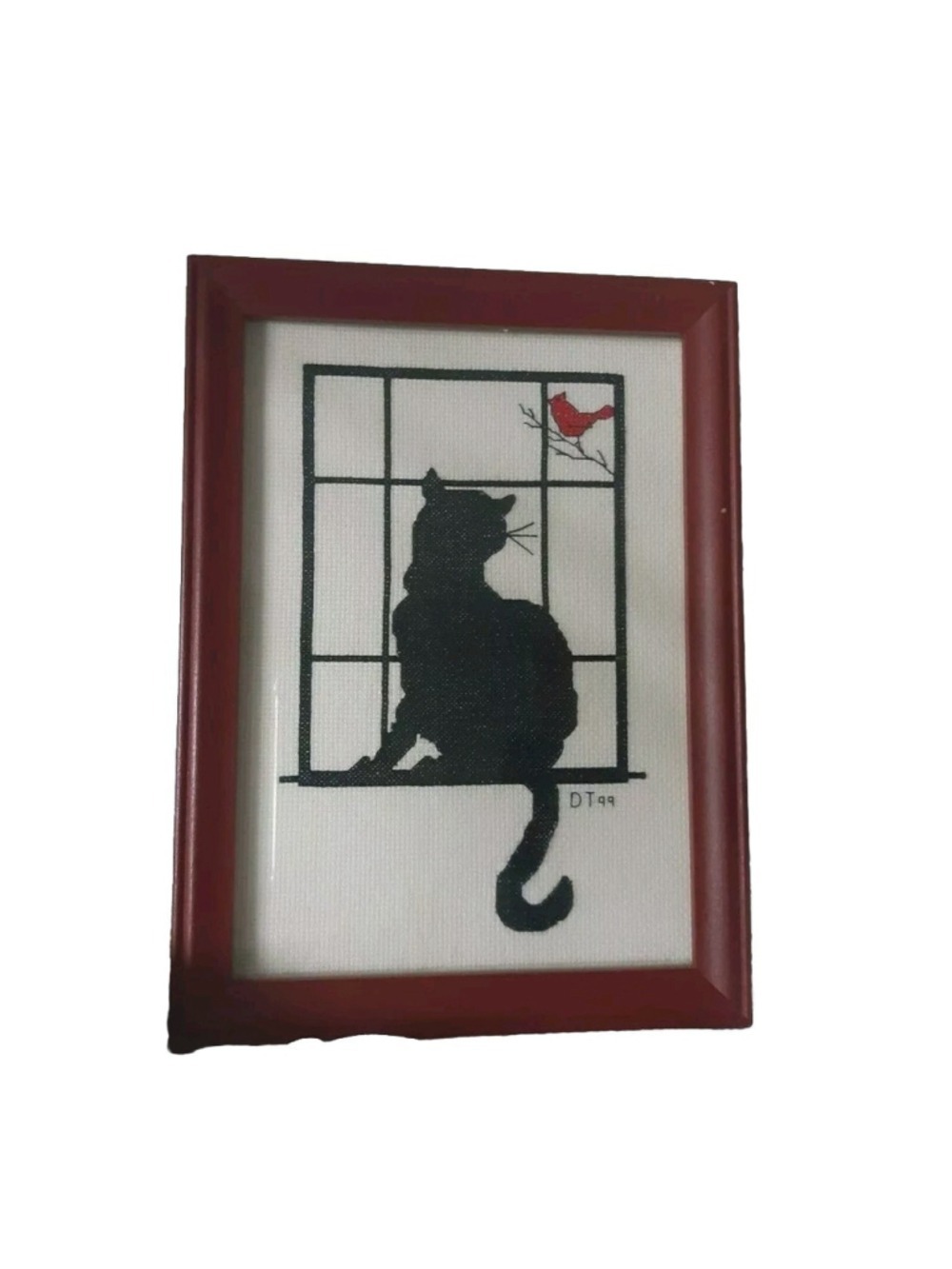 VTG BLACK CAT needlepoint CARDINAL BIRD tree glass wood frame Art Craft 1999